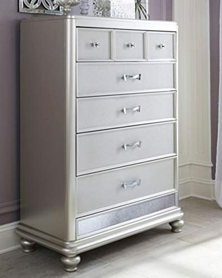 Signature Design by Ashley Coralayne Glam 5 Drawer Chest with Faux Shagreen Drawer Fronts, Silver