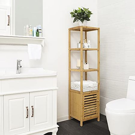 SONGMICS Bamboo Bathroom Storage Floor Cabinet, 4 Tiers Multifunctional Floor Shelving Unit, Free Standing Tower Corner Rack, Natural UBCB50Y