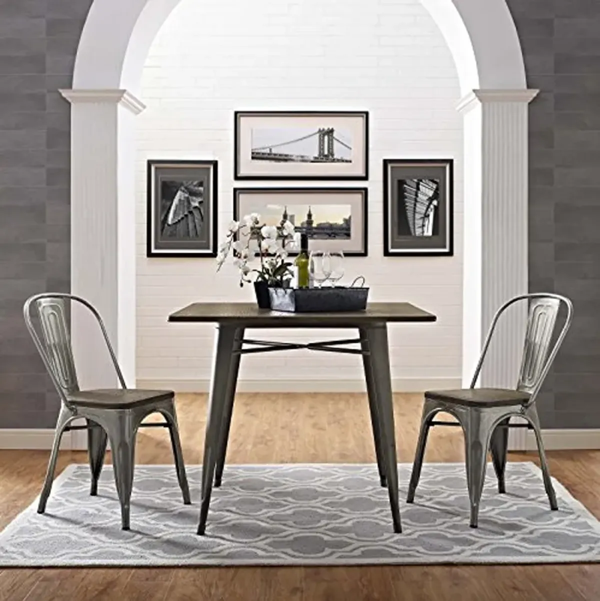 Modway Promenade Industrial Modern Steel Kitchen and Dining Room Gunmetal, Two Bamboo Side Chairs