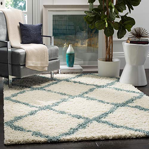 SAFAVIEH Dallas Shag Collection 10' x 14' Ivory / Light Blue SGD257J Trellis Non-Shedding Living Room Bedroom Dining Room Entryway Plush 1.5-inch Thick Area Rug