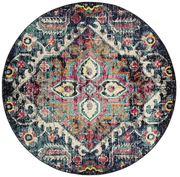 SAFAVIEH Monaco Collection Area Rug - 6'7" Round, Blue & Fuchsia, Boho Chic Medallion Distressed Design, Non-Shedding & Easy Care, Ideal for High Traffic Areas in Living Room, Bedroom (MNC252J)