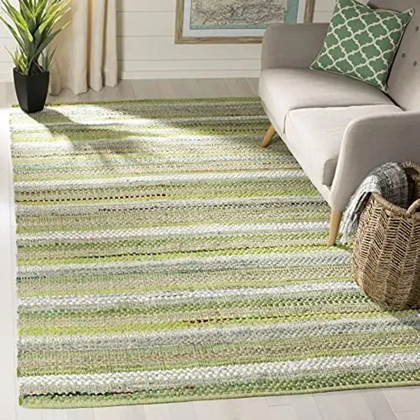 SAFAVIEH Montauk Collection Area Rug - 6' Square, Green & Multi, Handmade Boho Stripe Cotton, Ideal for High Traffic Areas in Living Room, Bedroom (MTK975G)