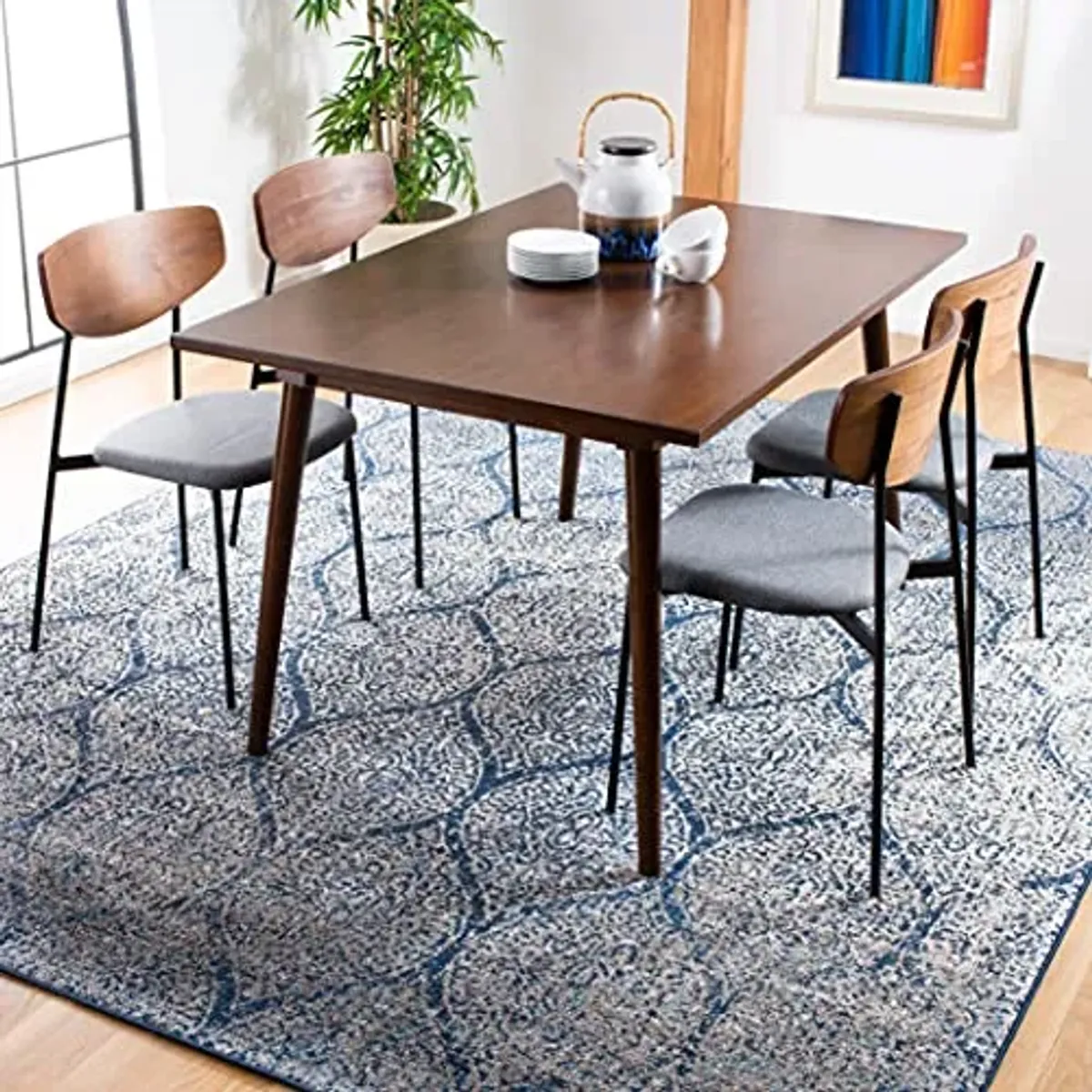 SAFAVIEH Madison Collection Area Rug - 6'7" Square, Navy & Silver, Glam Ogee Trellis Distressed Design, Non-Shedding & Easy Care, Ideal for High Traffic Areas in Living Room, Bedroom (MAD604G)