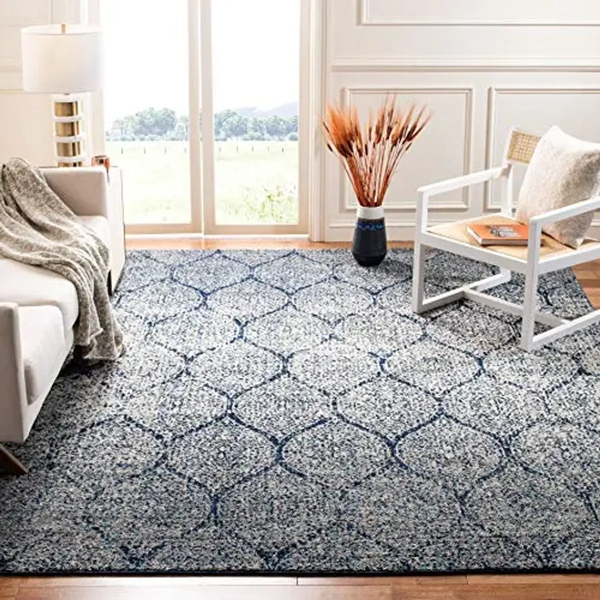 SAFAVIEH Madison Collection Area Rug - 6'7" Square, Navy & Silver, Glam Ogee Trellis Distressed Design, Non-Shedding & Easy Care, Ideal for High Traffic Areas in Living Room, Bedroom (MAD604G)