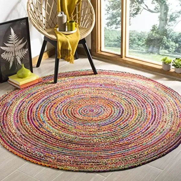 SAFAVIEH Area Rug 3' Round - Cape Cod Collection - Red & Multi, Handmade Jute & Cotton, Woven Braided Design (CAP202A)
