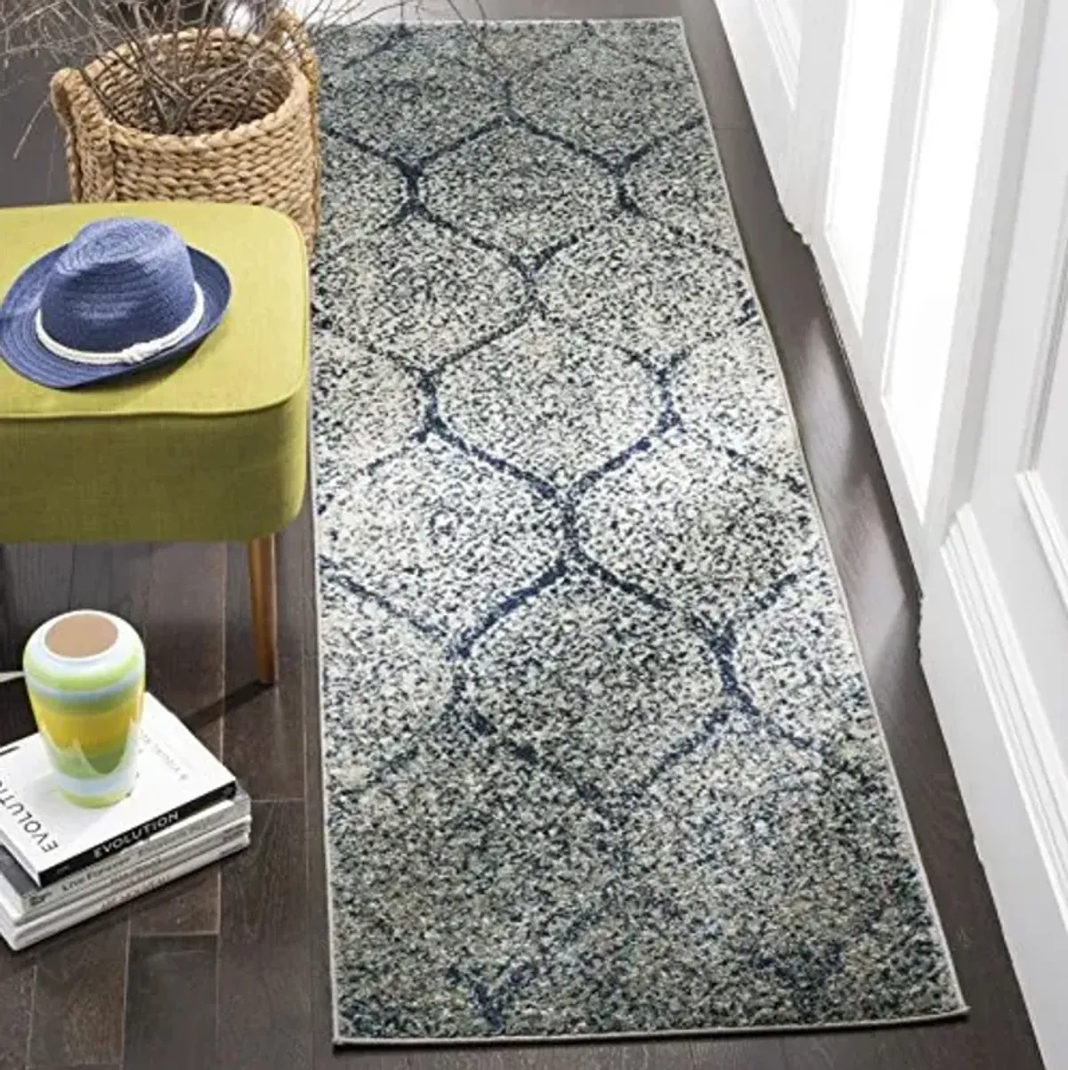 SAFAVIEH Madison Collection Runner Rug - 2'3" x 12', Navy & Silver, Glam Ogee Trellis Distressed Design, Non-Shedding & Easy Care, Ideal for High Traffic Areas in Living Room, Bedroom (MAD604G)