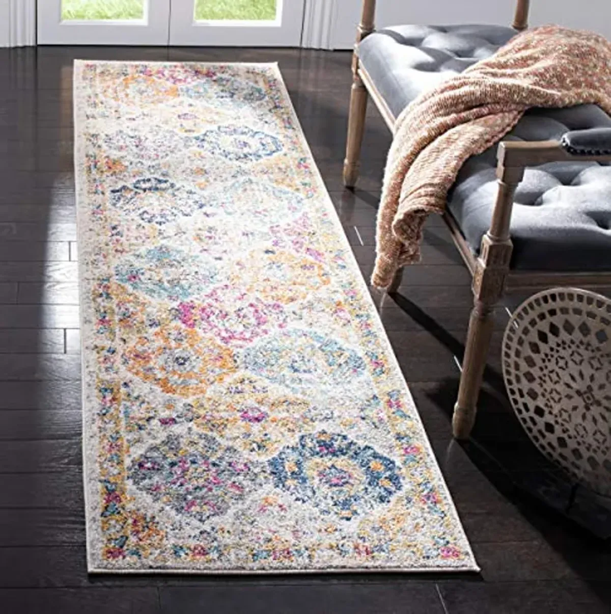 SAFAVIEH Madison Collection Runner Rug - 2'3" x 14', Cream & Multi, Boho Chic Distressed Design, Non-Shedding & Easy Care, Ideal for High Traffic Areas in Living Room, Bedroom (MAD611B)