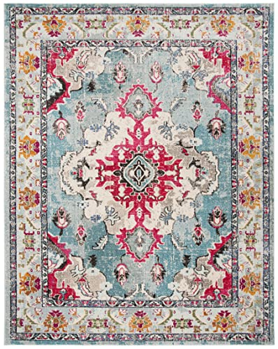 SAFAVIEH Monaco Collection 11' x 15' Light Blue/Fuchsia MNC243J Boho Chic Medallion Distressed Non-Shedding Living Room Bedroom Dining Home Office Area Rug