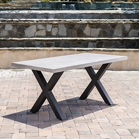 Christopher Knight Home Galatian Outdoor Light Weight Concrete Dining Table with Iron Legs, White / Black