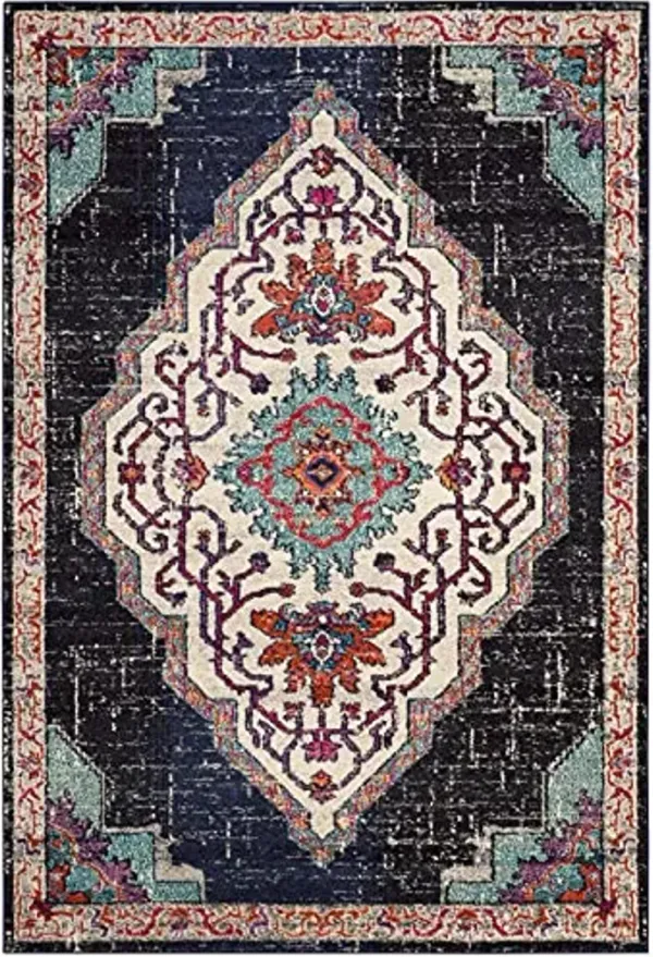 SAFAVIEH Monaco Collection Area Rug - 5'1" x 7'7", Black & Blue, Boho Chic Medallion Distressed Design, Non-Shedding & Easy Care, Ideal for High Traffic Areas in Living Room, Bedroom (MNC254Z)