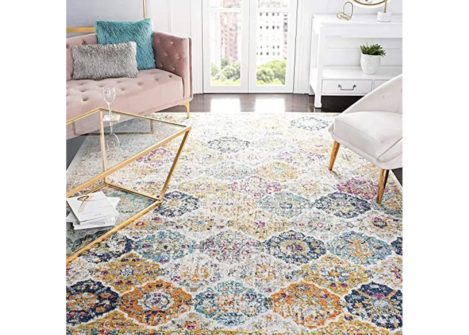 SAFAVIEH Madison Collection Area Rug - 5'3" Square, Cream & Multi, Boho Chic Distressed Design, Non-Shedding & Easy Care, Ideal for High Traffic Areas in Living Room, Bedroom (MAD611B)