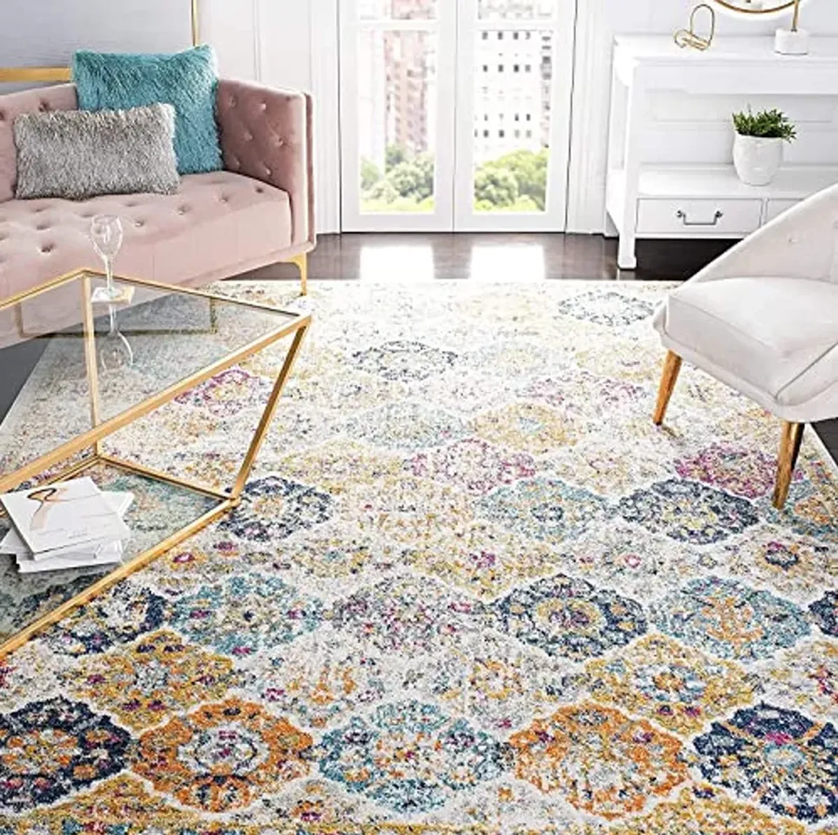 SAFAVIEH Madison Collection Area Rug - 5'3" Square, Cream & Multi, Boho Chic Distressed Design, Non-Shedding & Easy Care, Ideal for High Traffic Areas in Living Room, Bedroom (MAD611B)