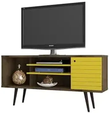Manhattan Comfort Liberty Mid Century Modern TV Stand for Televisions up to 50 Inches, Bedroom and Living Room Entertainment Center with Storage, Shelves, and Cabinet, 53" Wide, Rustic Brown/Yellow