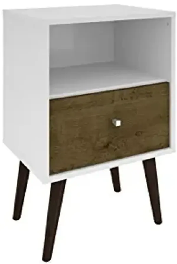 Manhattan Comfort Liberty Collection Mid Century Modern Nightstand With One Open Shelf and One Drawer, Splayed Legs, White/Wood, Small