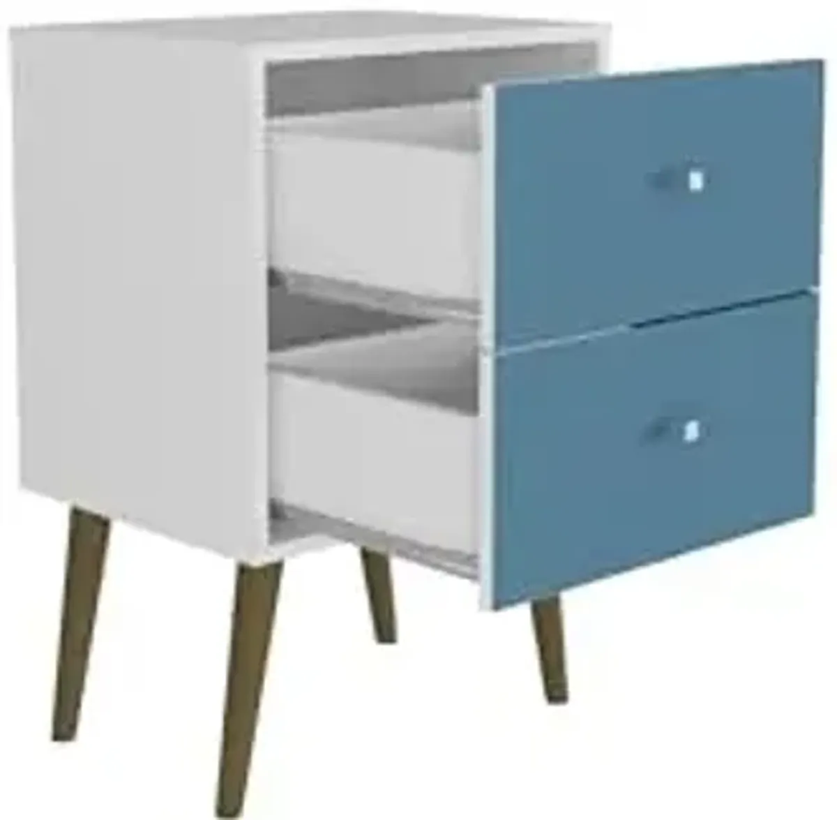 Manhattan Comfort Liberty Mid Century Modern Nightstand with Drawers, Bedside Table for Bedroom and Living Room, Night Stand Accent Decor, Easy Assembly, White/Blue