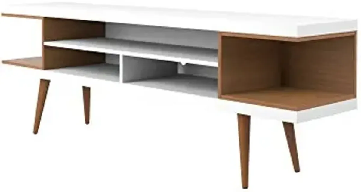Manhattan Comfort Utopia Collection Mid Century Modern TV Stand With Open 3 Open Shelves and Two Open Cubbies, White/Wood (19752)
