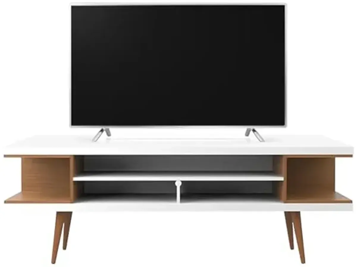Manhattan Comfort Utopia Collection Mid Century Modern TV Stand With Open 3 Open Shelves and Two Open Cubbies, White/Wood (19752)