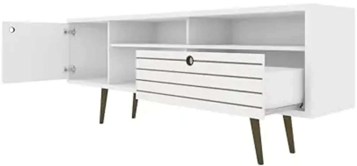 Manhattan Comfort Liberty Mid Century Modern TV Stand for Televisions up to 65 Inches, Bedroom and Living Room Entertainment Center with Storage, Shelves, and Cabinet, 71" Wide, White