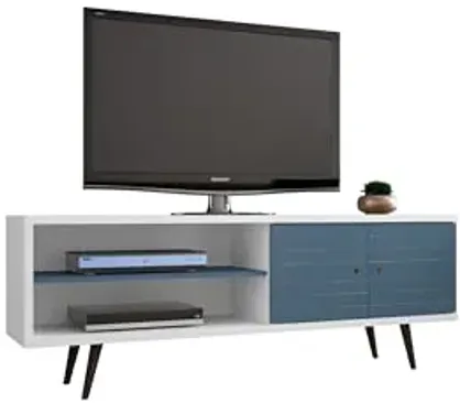 Manhattan Comfort Liberty Mid Century Modern TV Stand for Televisions up to 60 Inches, Bedroom and Living Room Entertainment Center with Storage, Shelves, and Cabinet, 63" Wide, White/Aqua
