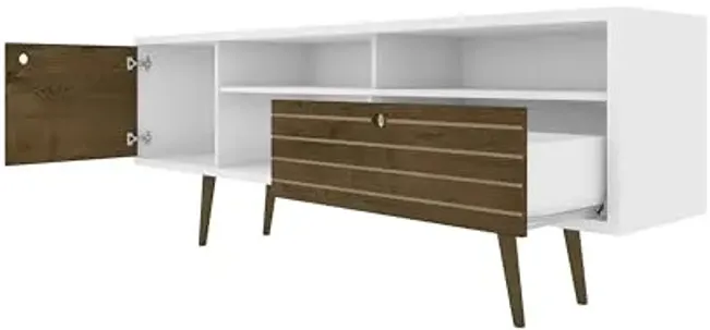 Manhattan Comfort Liberty Collection Mid Century Modern TV Stand With Three Shelves, One Cabinet and One Drawer With Splayed Legs, White/Wood, Large, Model:202AMC69