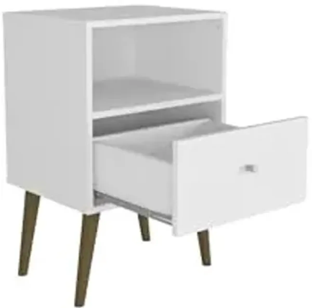 Manhattan Comfort Liberty Mid Century Modern Nightstand with Drawer and Cubby, Bedside Table for Bedroom and Living Room, Night Stand Accent Decor, Easy Assembly, White