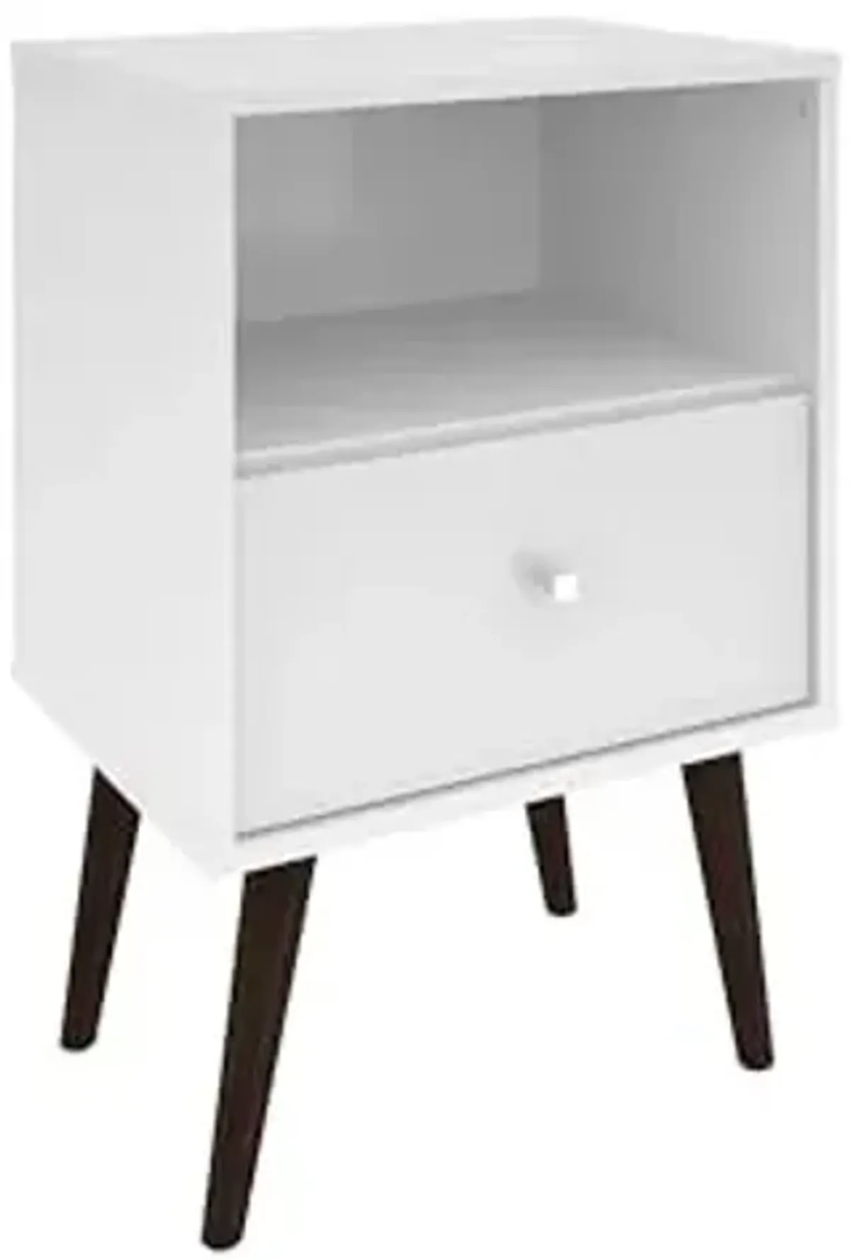 Manhattan Comfort Liberty Mid Century Modern Nightstand with Drawer and Cubby, Bedside Table for Bedroom and Living Room, Night Stand Accent Decor, Easy Assembly, White