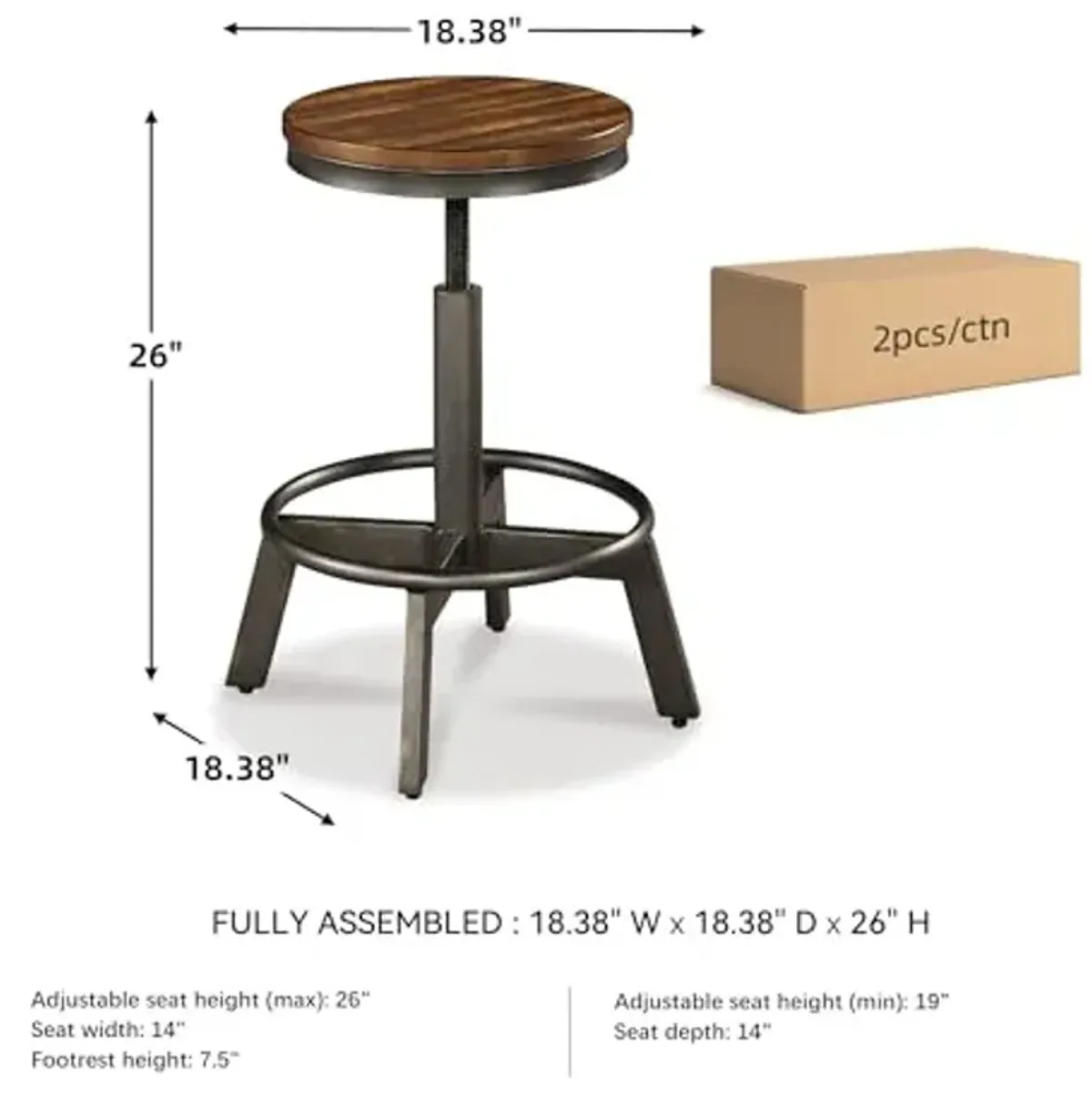 Signature Design by Ashley Torjin Industrial 24" Adjustable Height Barstool, 2 Count, Brown