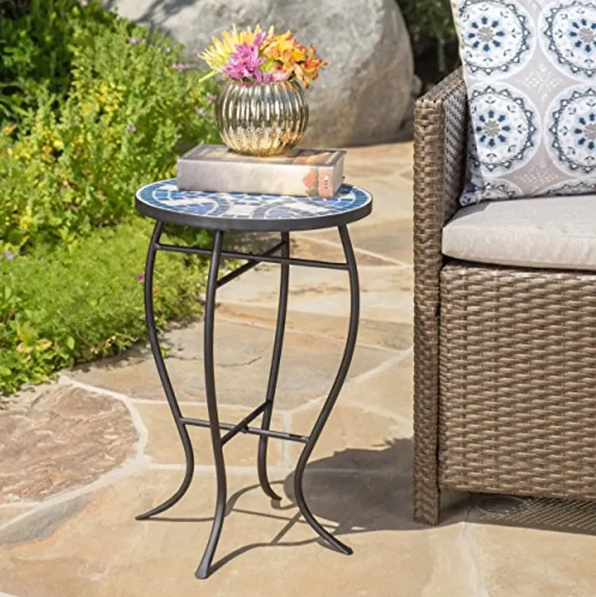 Christopher Knight Home Han Outdoor Ceramic Tile Side Table with Iron Frame, Blue / White