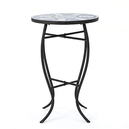 Christopher Knight Home Han Outdoor Ceramic Tile Side Table with Iron Frame, Blue / White