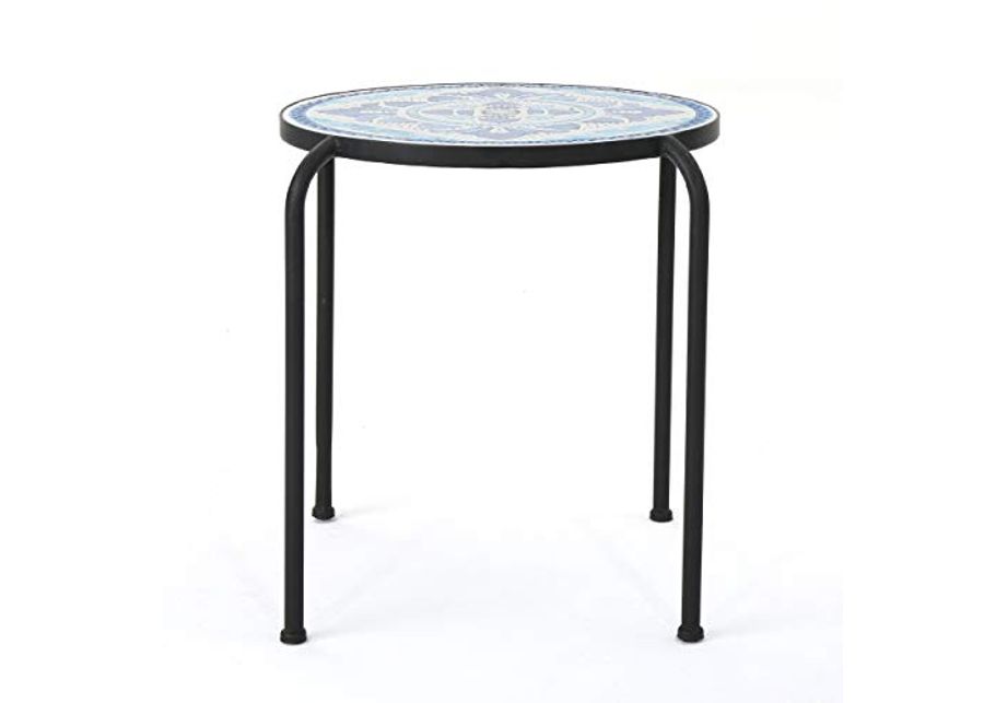 Christopher Knight Home Skye Outdoor Ceramic Tile Side Table with Iron Frame, Blue / White