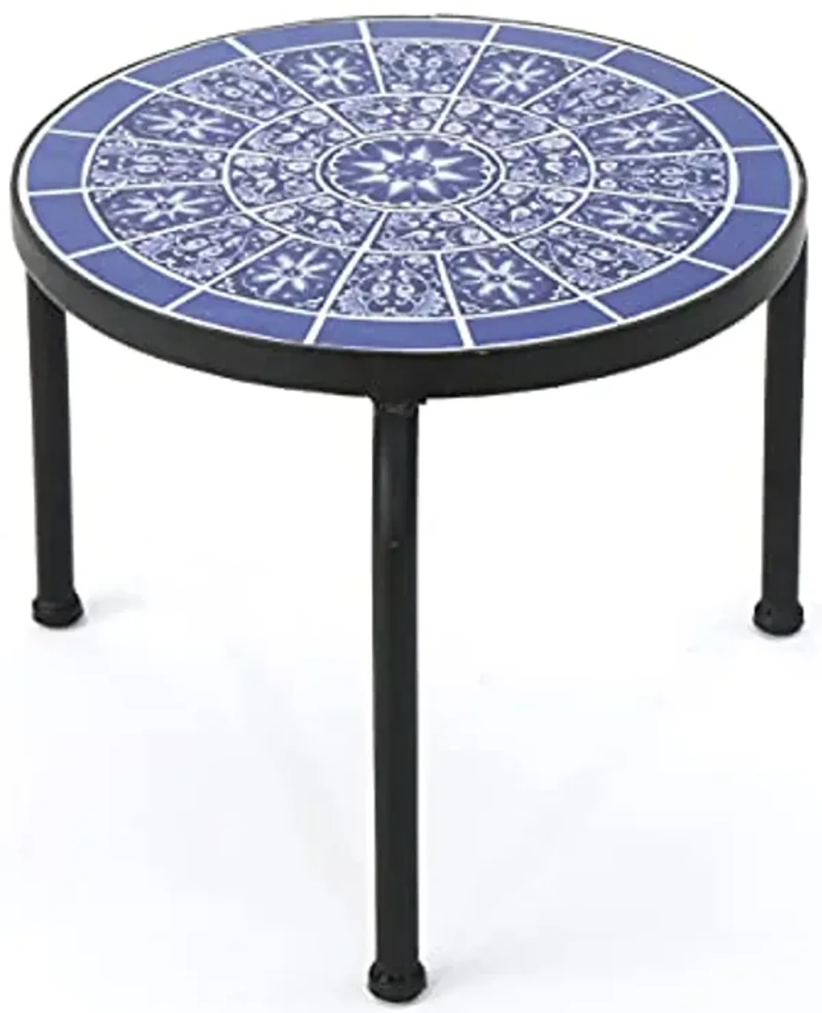 Christopher Knight Home Slate Outdoor Ceramic Tile Side Table with Iron Frame, Blue / White