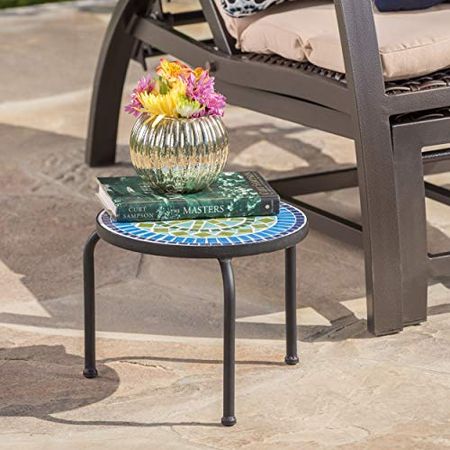 Christopher Knight Home Iris Outdoor Ceramic Tile Side Table with Iron Frame, Blue / Green