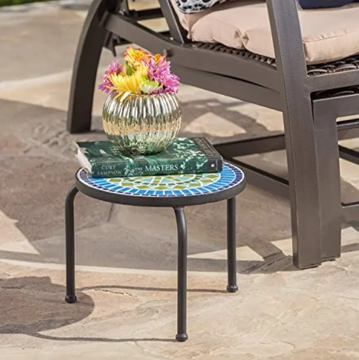 Christopher Knight Home Iris Outdoor Ceramic Tile Side Table with Iron Frame, Blue / Green