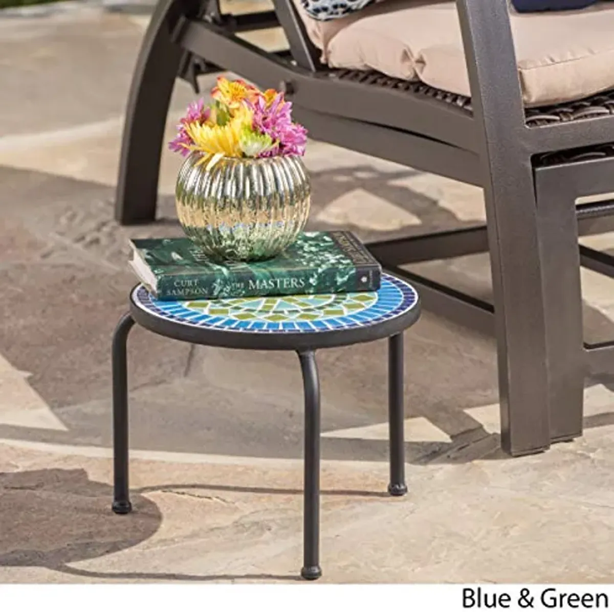 Christopher Knight Home Iris Outdoor Ceramic Tile Side Table with Iron Frame, Blue / Green