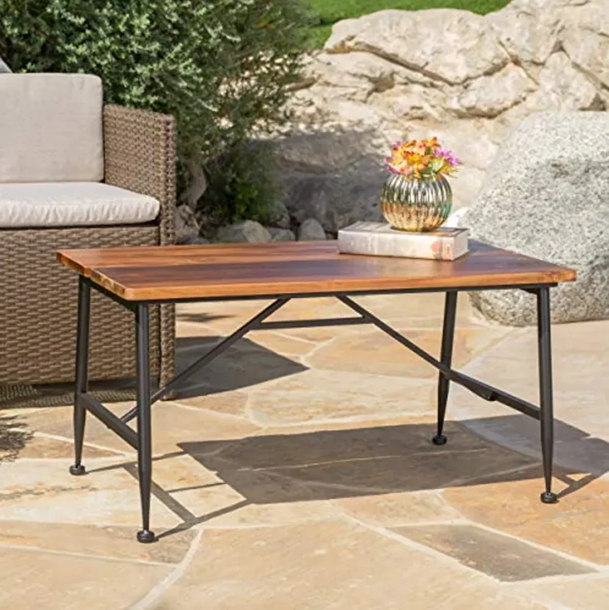 Christopher Knight Home Ocala Outdoor Industrial Wood Coffee Table with Iron Accents, Black / Antique Finish