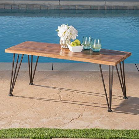 Christopher Knight Home Zion Outdoor Industrial Iron and Teak Finished Acacia Wood Coffee Table, Teak Finish With Rustic Metal