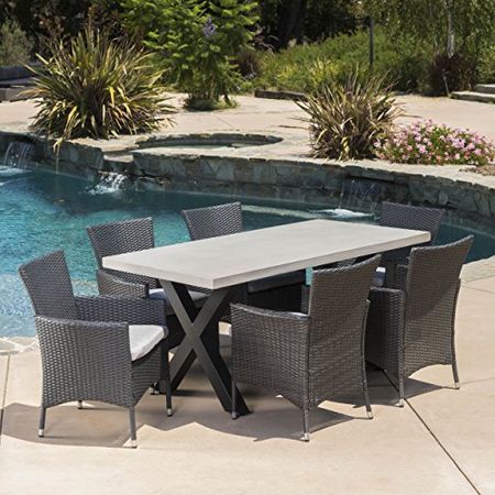 Christopher Knight Home Seabrook Patio Light Weight Concrete Dining Set, 7-Pcs Set, White / Black / Grey / Silver