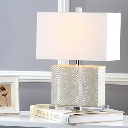 SAFAVIEH Lighting Collection Delia Modern Art Deco Cream Faux Snakeskin Rectangle Shade 21-inch Bedroom Living Room Home Office Desk Nightstand Table Lamp (LED Bulb Included)