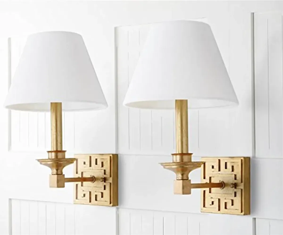 SAFAVIEH Lighting Collection Elvira Greek Key Gold Bedroom Bathroom Vanity Hallway Foyer Living Room Wall Sconce Set of 2 (LED Bulbs Included)