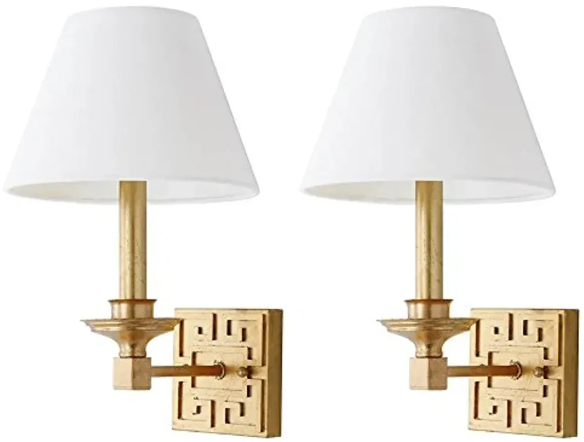 SAFAVIEH Lighting Collection Elvira Greek Key Gold Bedroom Bathroom Vanity Hallway Foyer Living Room Wall Sconce Set of 2 (LED Bulbs Included)