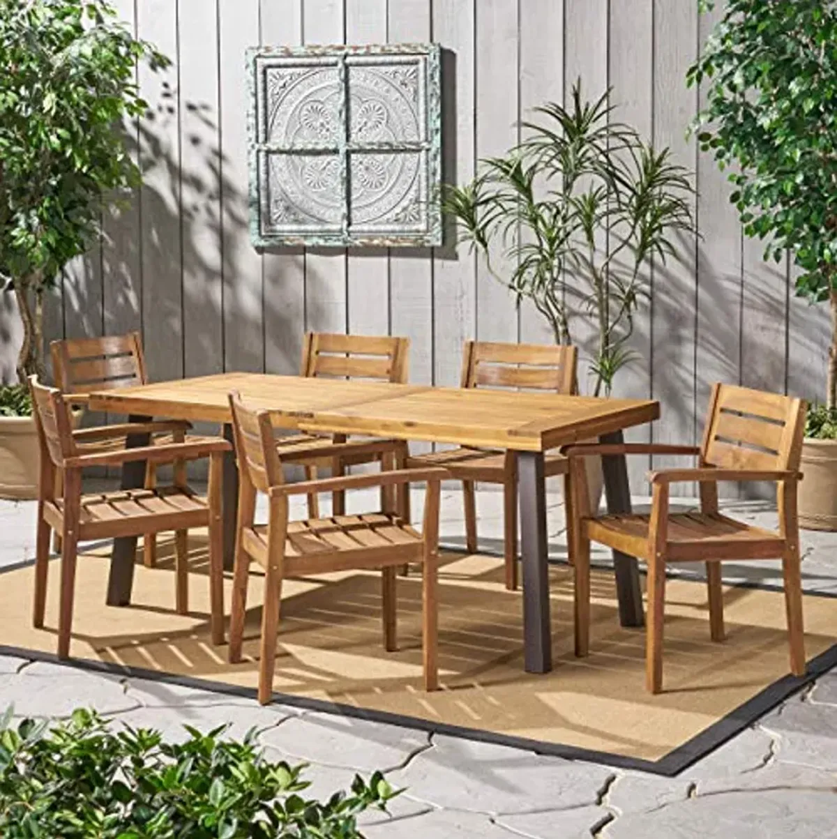 Christopher Knight Home Avon Outdoor Acacia Wood Dining Set, 7-Pcs Set, Teak Finish With Rustic Metal Accents