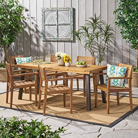 Christopher Knight Home Avon Outdoor Acacia Wood Dining Set, 7-Pcs Set, Teak Finish With Rustic Metal Accents