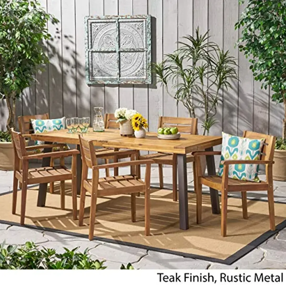 Christopher Knight Home Avon Outdoor Acacia Wood Dining Set, 7-Pcs Set, Teak Finish With Rustic Metal Accents