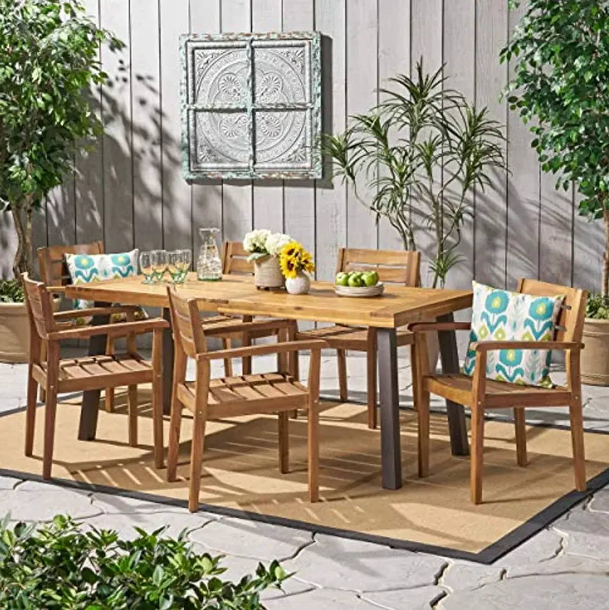 Christopher Knight Home Avon Outdoor Acacia Wood Dining Set, 7-Pcs Set, Teak Finish With Rustic Metal Accents