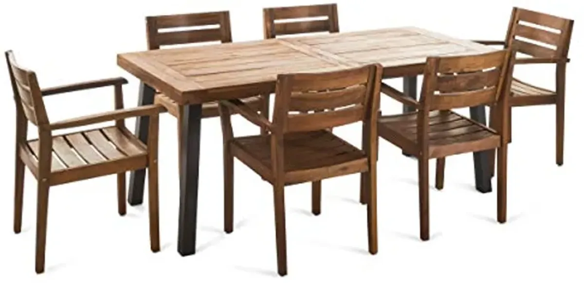 Christopher Knight Home Avon Outdoor Acacia Wood Dining Set, 7-Pcs Set, Teak Finish With Rustic Metal Accents