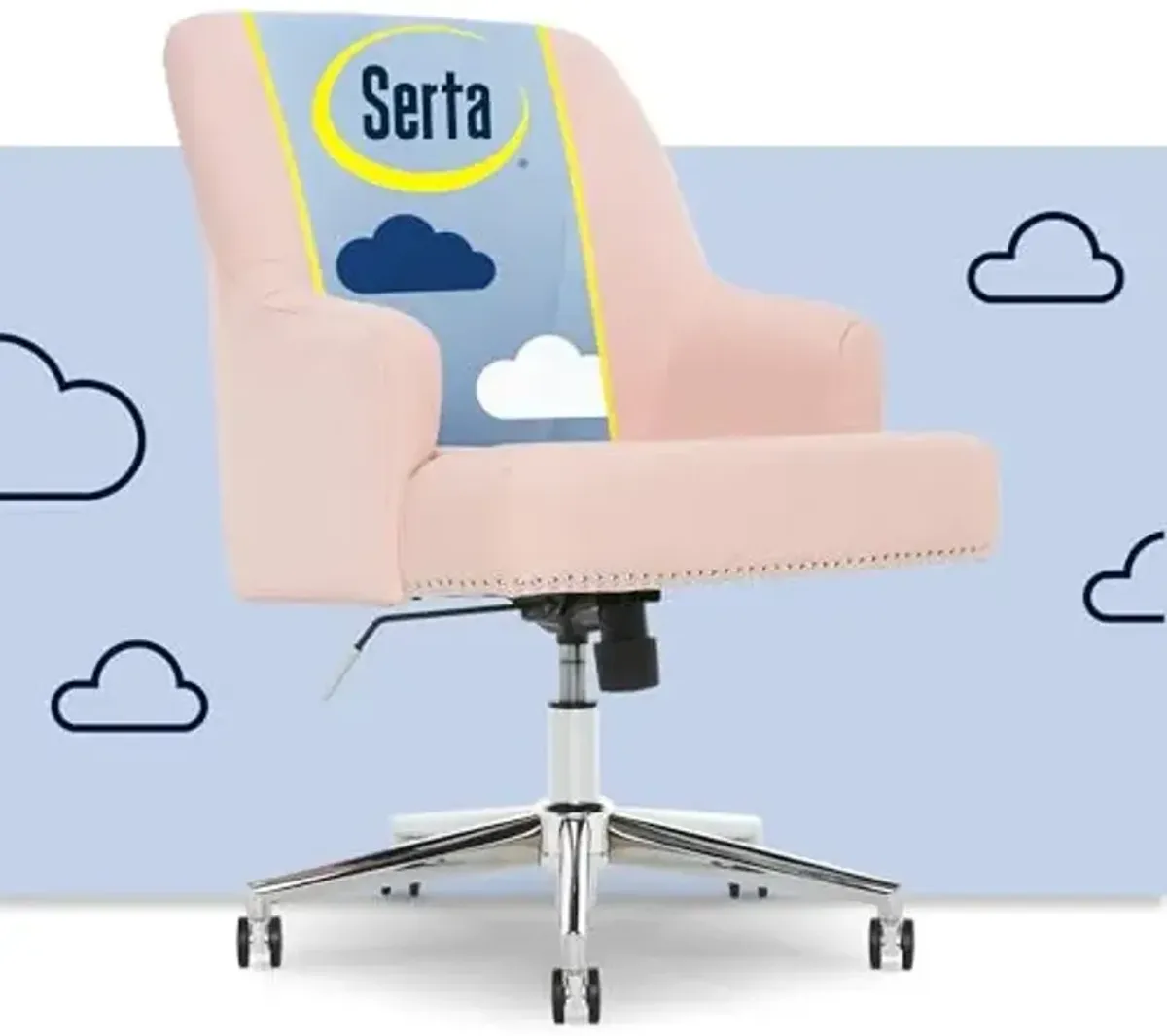 Serta Leighton Home Office Desk Chair, Mid-Back with Chrome Nailheads, Memory Foam Cushion and Padded Arms, Mid Century Modern Vanity Armchair with Wheels, Swivel Base, Twill Fabric, Blush Pink