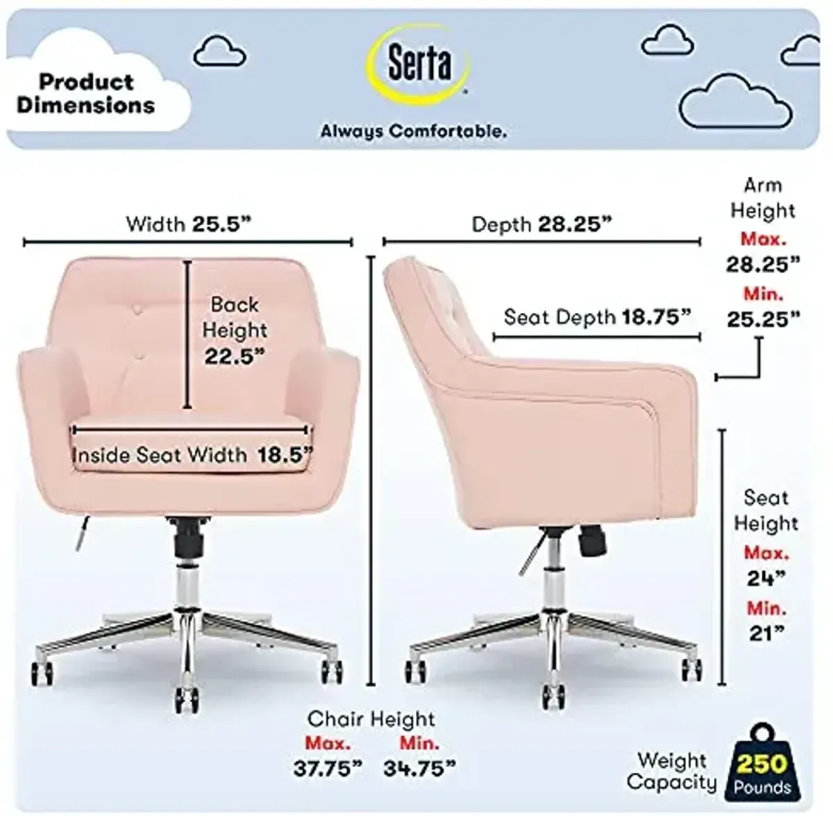 Serta Ashland Home Office Desk Chair with Button Tufted Mid-Back, Memory Foam Cushion and Padded Arms, Mid Century Modern Vanity Armchair with Wheels for Bedroom, Chrome Metal Base, Blush Pink