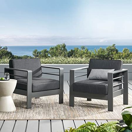 Christopher Knight Home Crested Bay Outdoor Aluminum Club Chairs with Water Resistant Cushions, 2-Pcs Set, Grey / Dark Grey