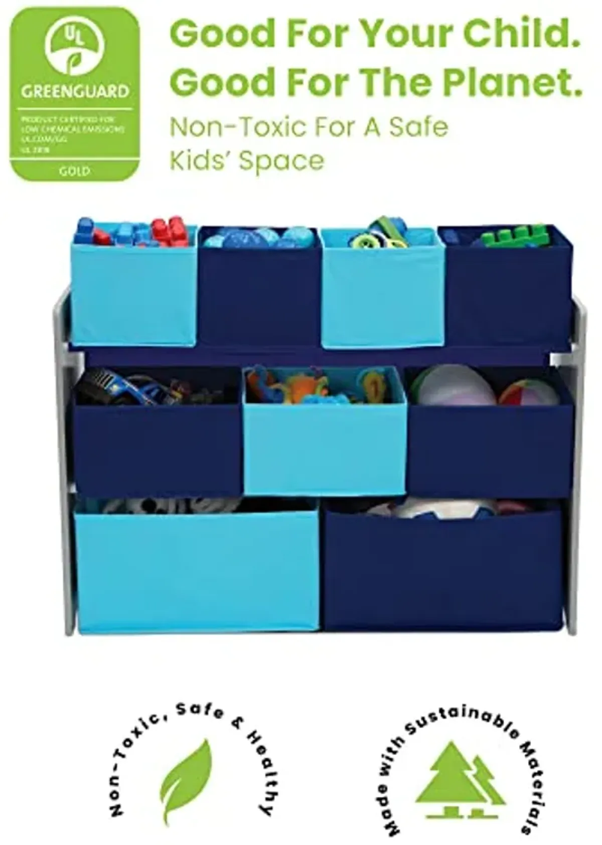 Delta Children Deluxe Multi-Bin Toy Organizer with Storage Bins - Greenguard Gold Certified, Grey/Blue Bins