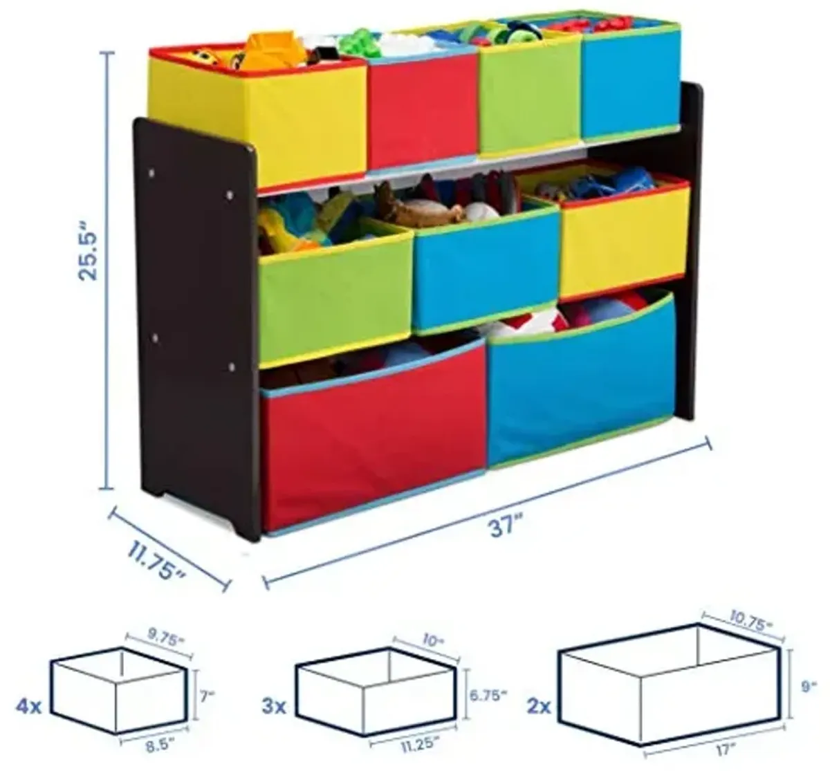 Delta Children Deluxe Multi-Bin Toy Organizer with Storage Bins, Dark Chocolate/Primary Colored Bins